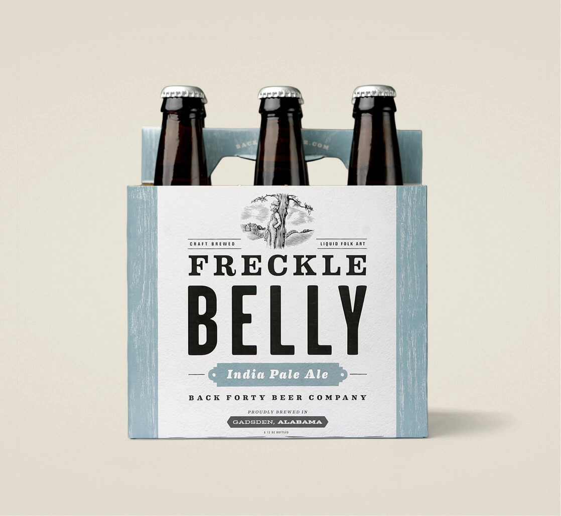Back Forty Freckle Belly IPA bottle and case packaging