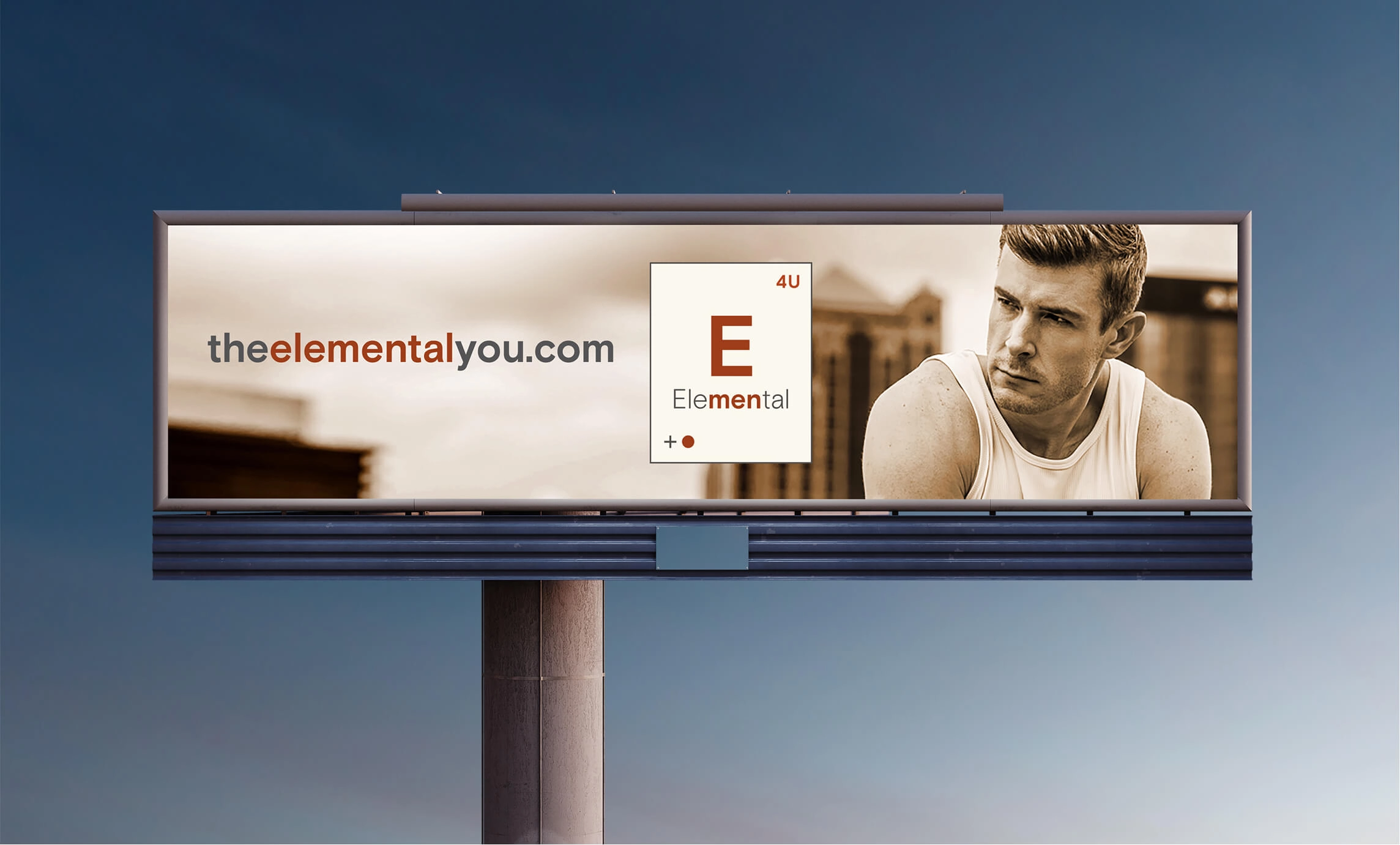 An Elemental outdoor board with a handsome, close-shaven man in a tank top