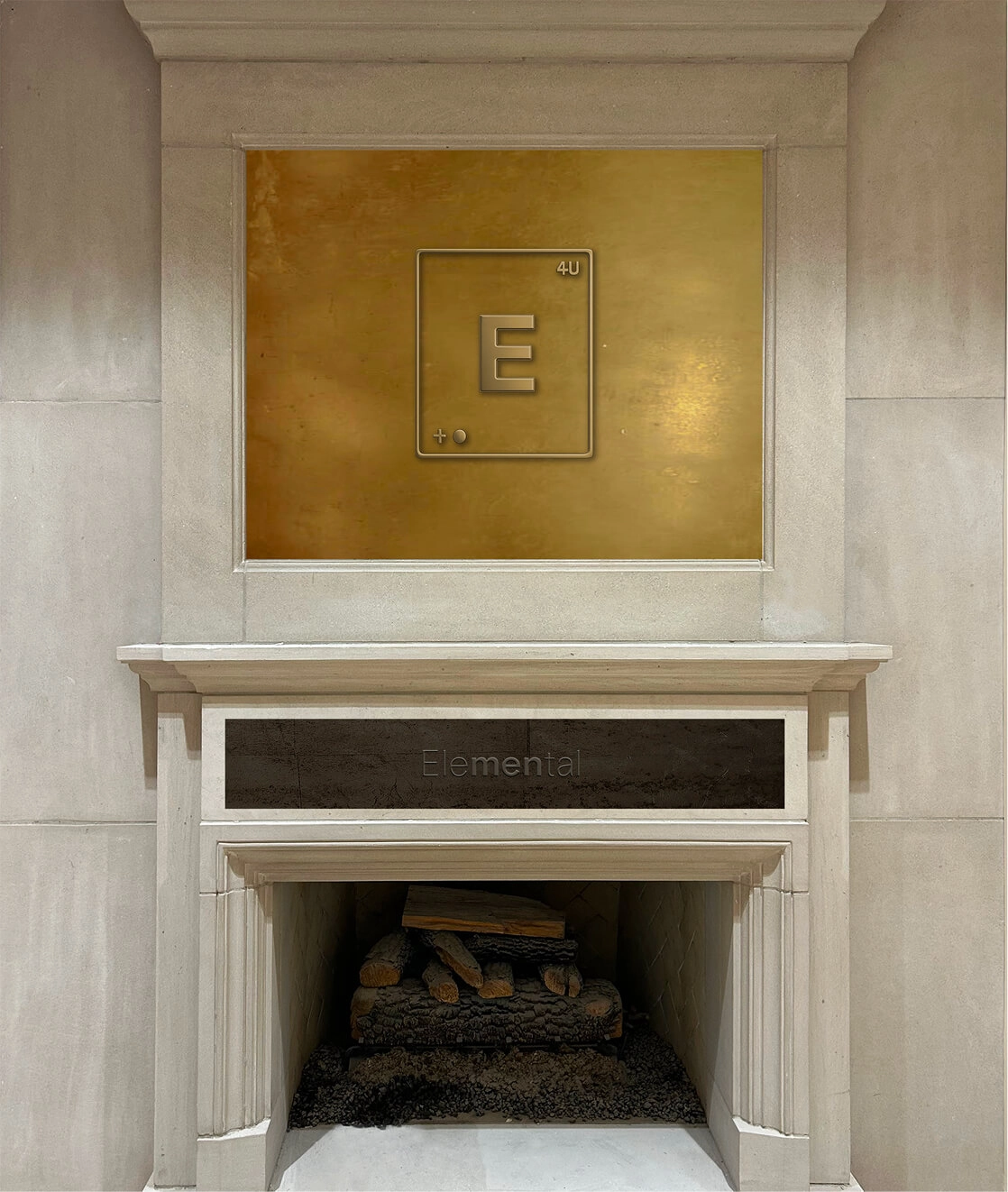 A fireplace mantel featuring the Elemental branding