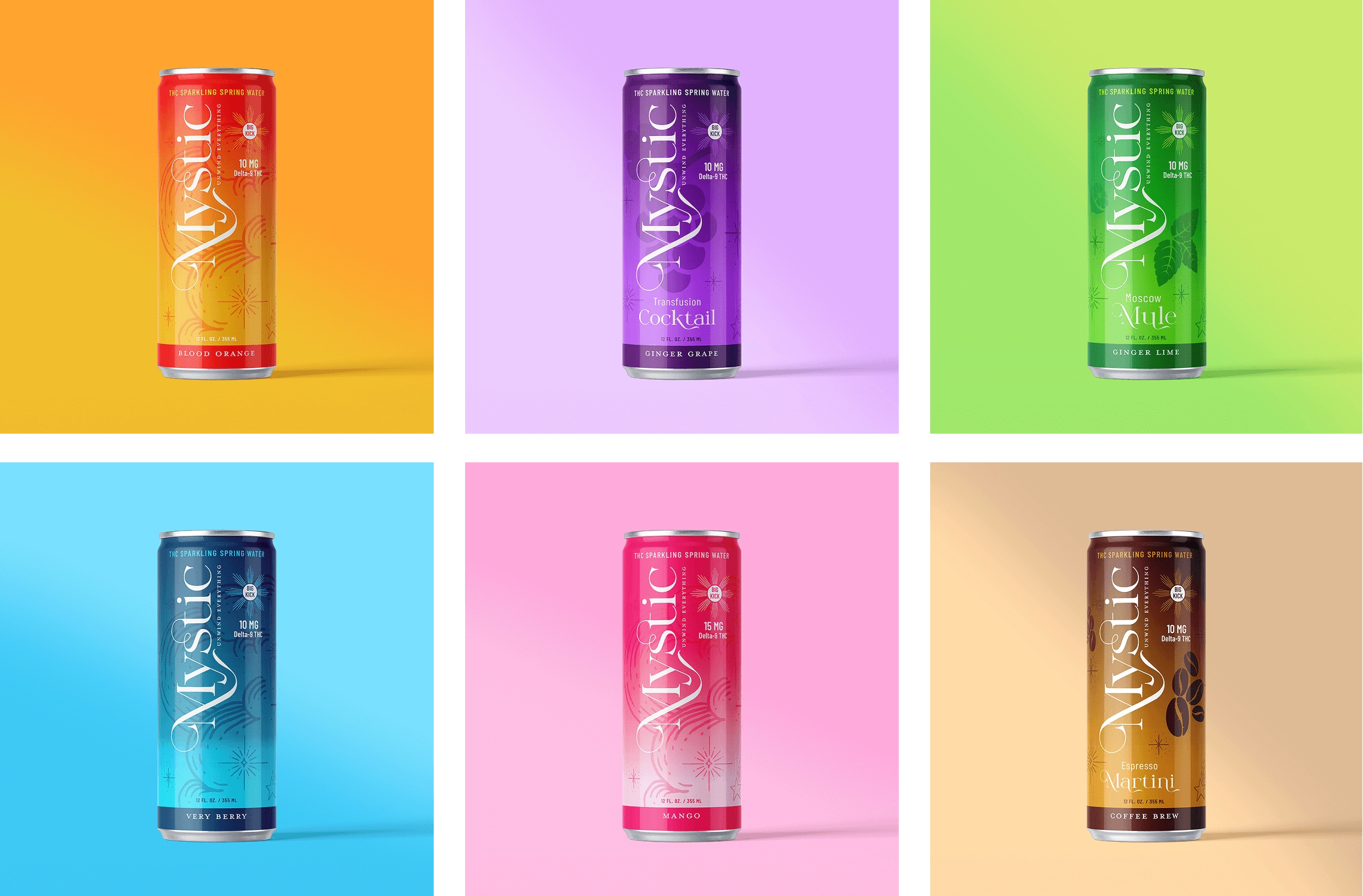 A grid of Mystic cans with their different flavor profiles